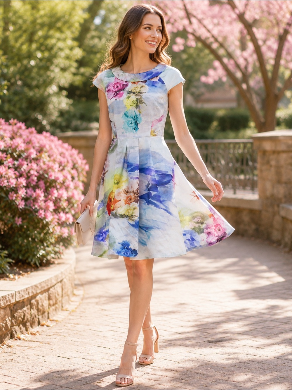 Carmen Marc Valvo Watercolor Floral Fit Flare Dress Women’s 6 Pastel Cap Sleeve